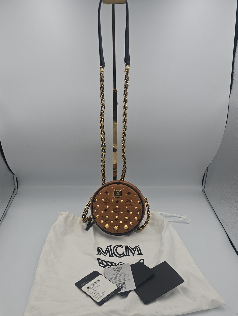 MCM Cognac Round Studded Mini Crossbody W Gold Hardware & Chain (NWT)(FULL INC)✨